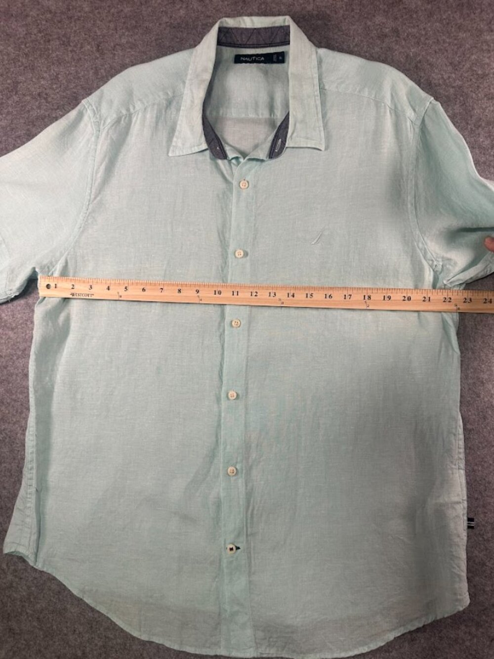 Nautica Men’s XL 100% Linen Seawater Blue Short Sleeve Button Down Shirt - Picture 4 of 9